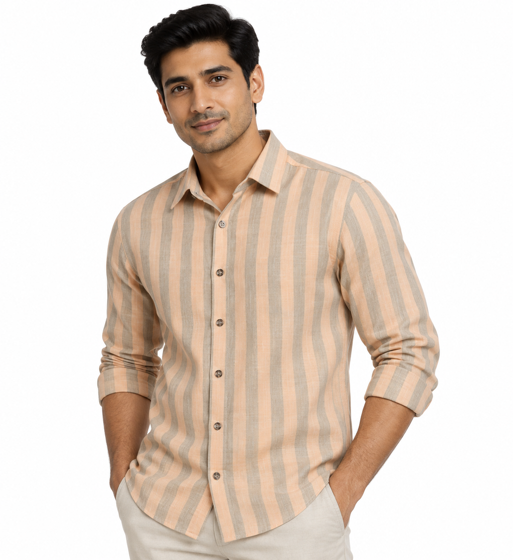 Pure Linen Gray & Light Orange Patta Print Shirt For Men