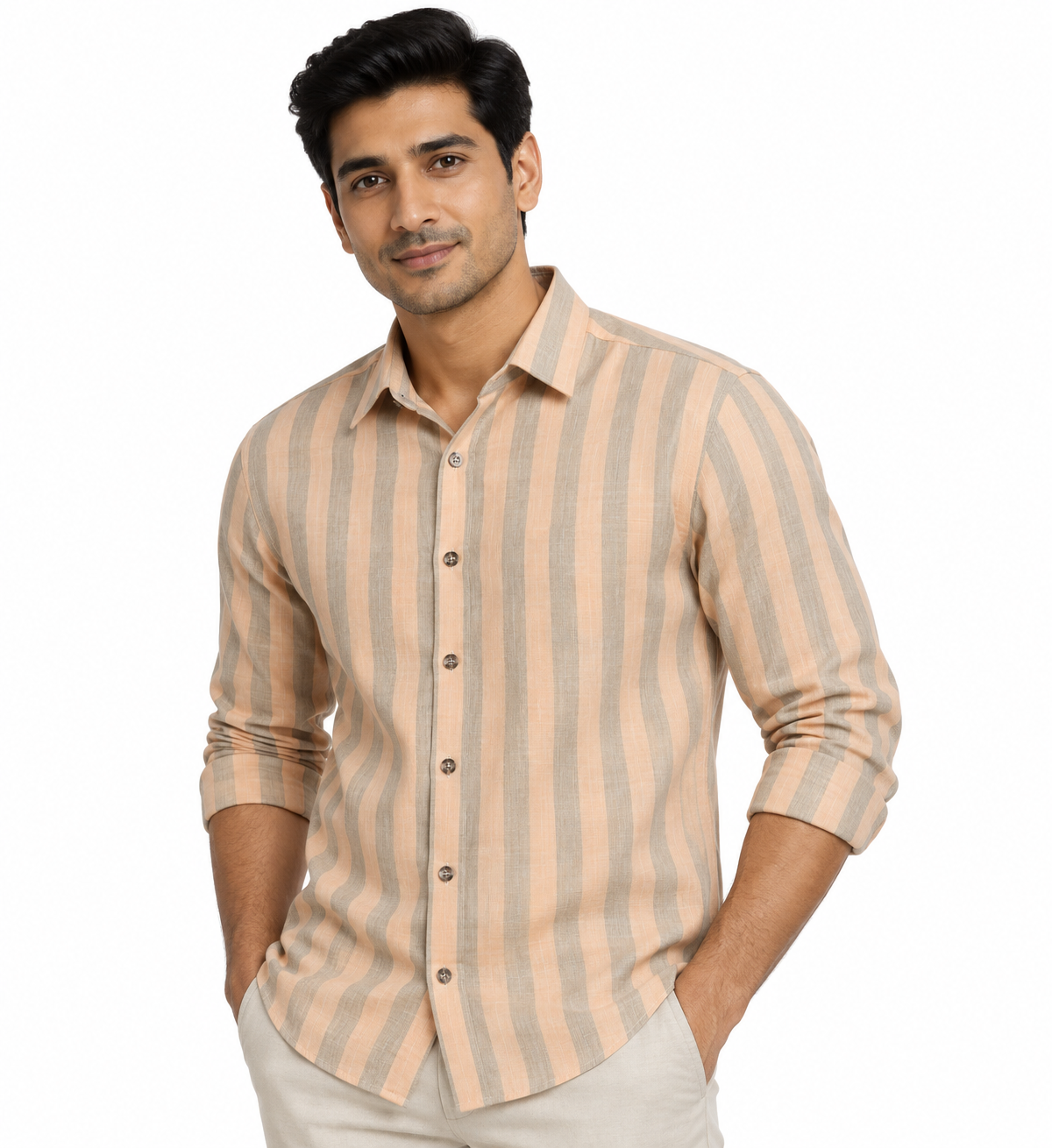 Pure Linen Gray & Light Orange Patta Print Shirt For Men