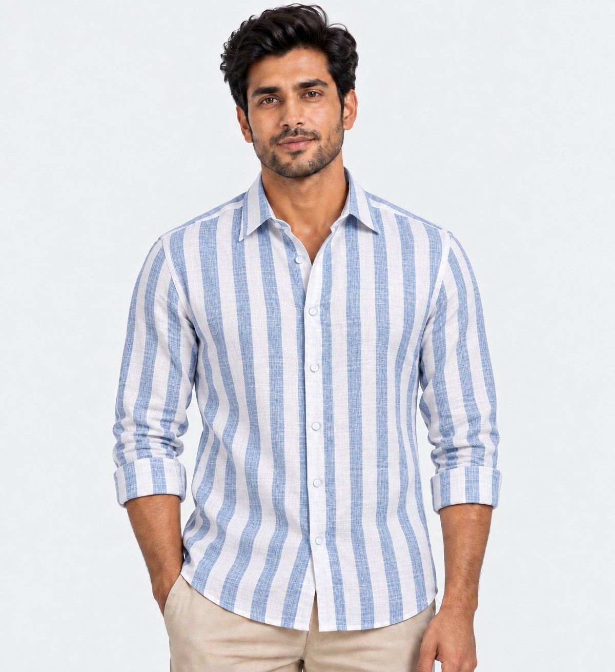Linen King Sky Blue Patta Print Shirt For Men