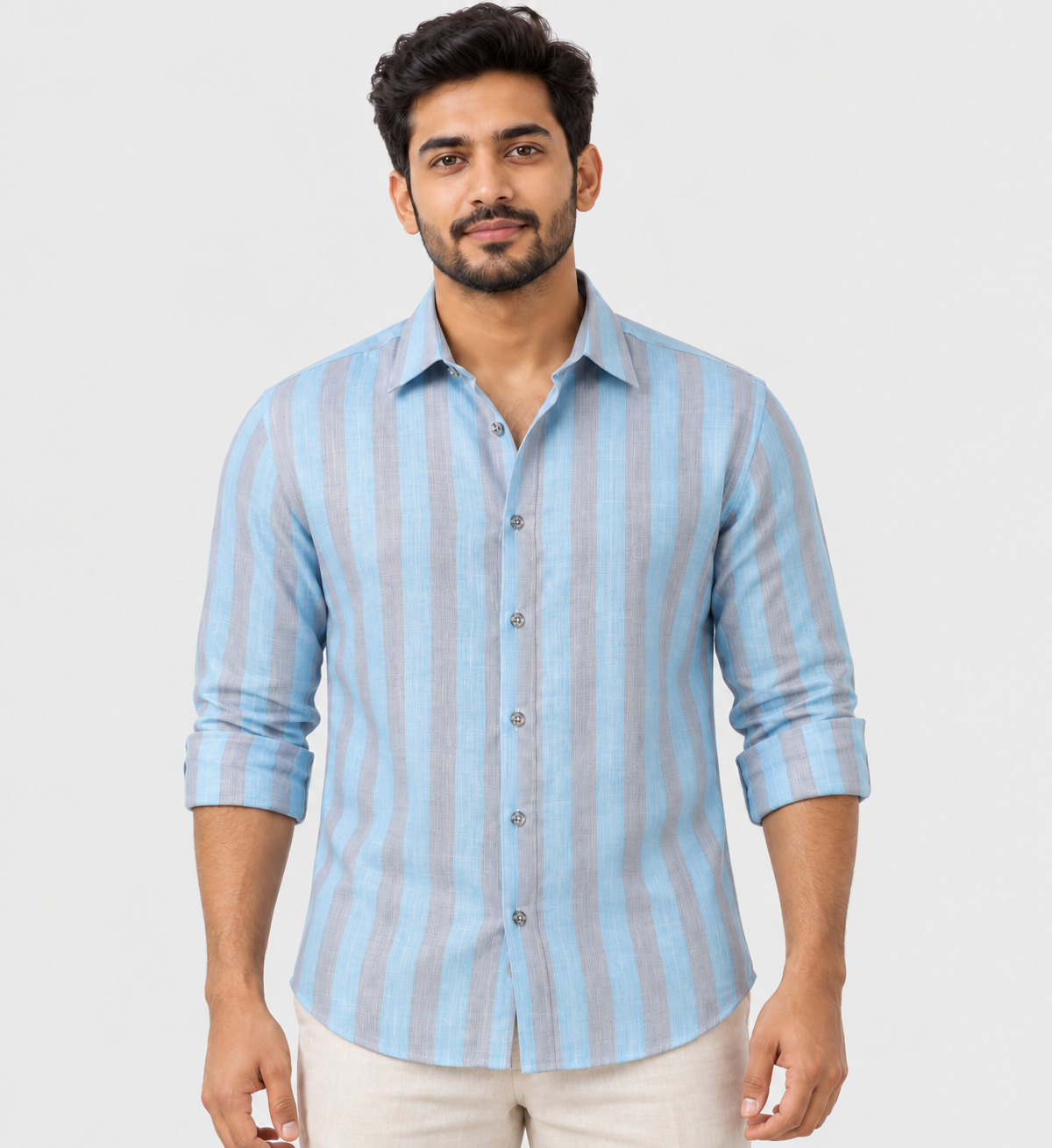 Pure Linen Gray & Sky Blue Patta Print Shirt For Men