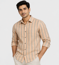 Pure Linen Gray & Light Orange Patta Print Shirt For Men